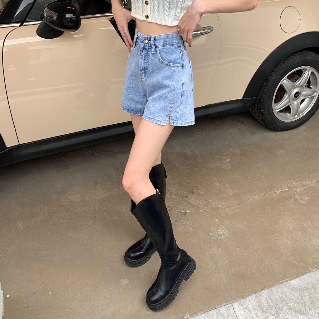 Quần short denim Xiaozhainv lưng cao ống rộng xẻ tà thời trang mùa hè cho nữ