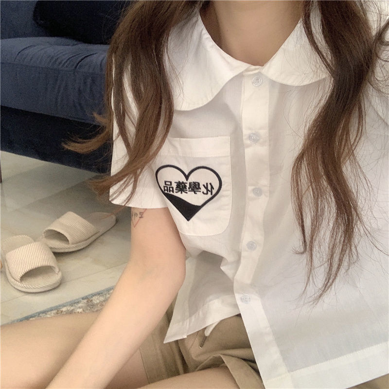 Yunyun Clothing Home ~ Summer College Style Embroidery Design Feeling Thin Shirt Baby Collar Shirt + Pants Two Piece Set[delivery Within 15 Days ]