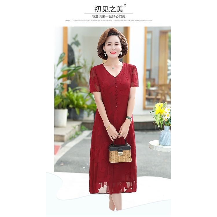 Đầm tay ngắn phối ren màu đỏ thời trang mùa hè sang trọng cho nữ trung niên