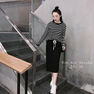 SET ÁO KẺ KÈM CHÂN VÁY BASIC - (Sp sẵn)
