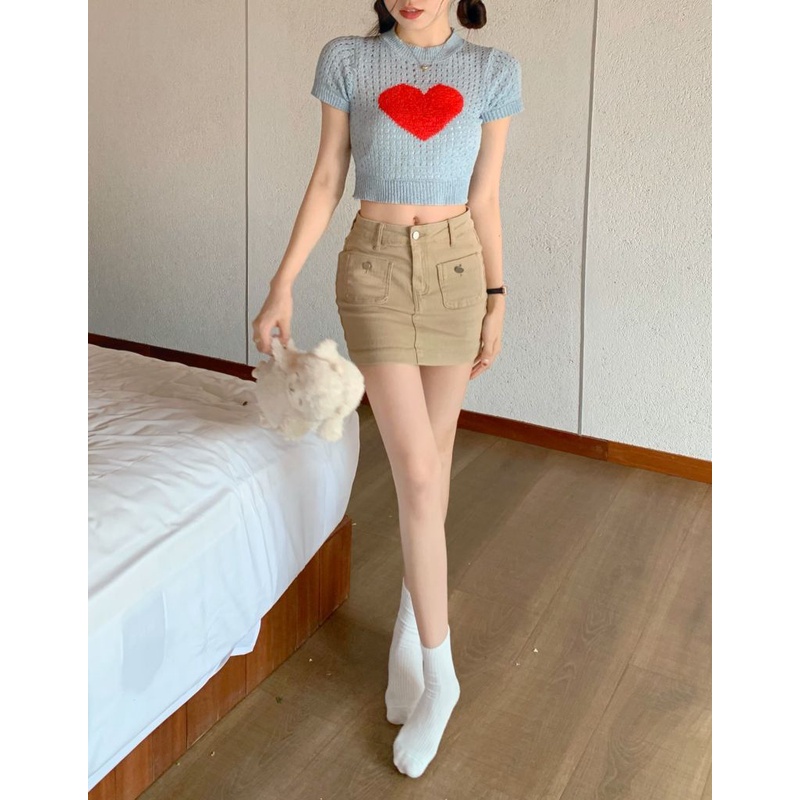 Cocory vn Áo Croptop Dệt Kim Cổ Tròn In Họa Tiết Trái Tim Thời Trang Hàn Quốc Cho Nữ