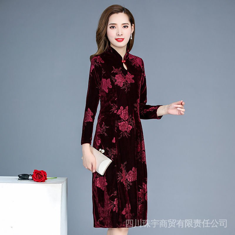Đầm Sườn Xám Dài Trung Bình Vải Nhung Mỏng Vừa Vặn Màu Vàng Kim Thời Trang Mùa Thu Dành Cho Phụ Nữ Trung Niên