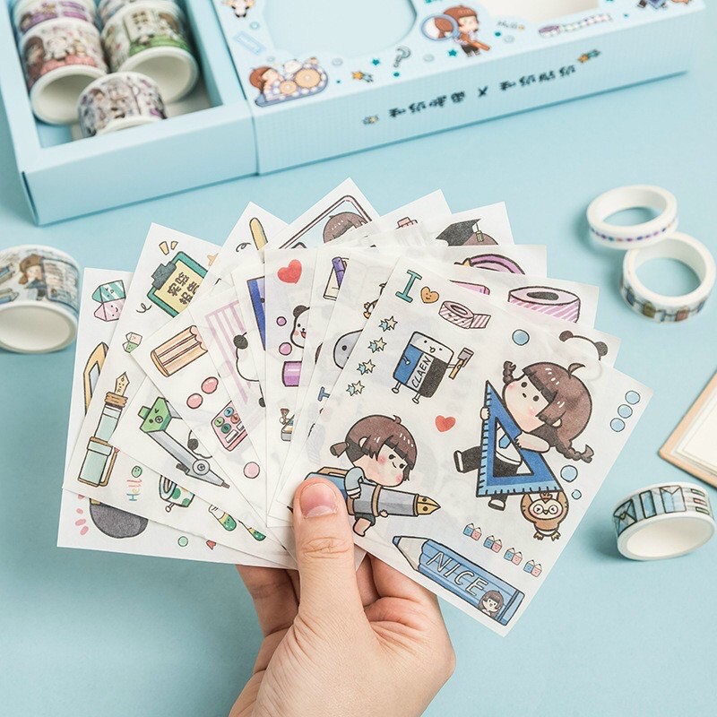 Hộp 10 cuộn washi tape và 10 tờ sticker
