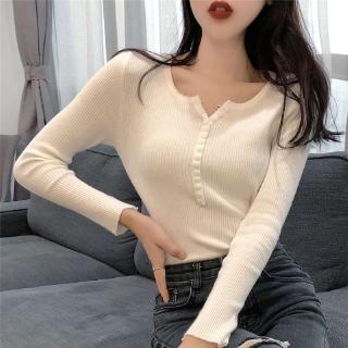Áo Dệt Kim Tay Dài Màu Trơn Phong Cách Hàn Quốc