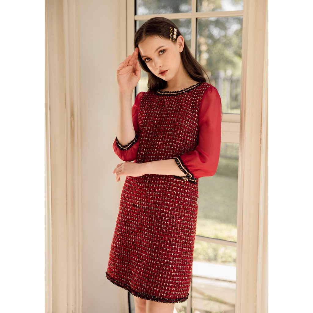 Đầm dáng suông, cổ tròn , dáng lửng Emspo DM3635 (Đỏ, Đen)