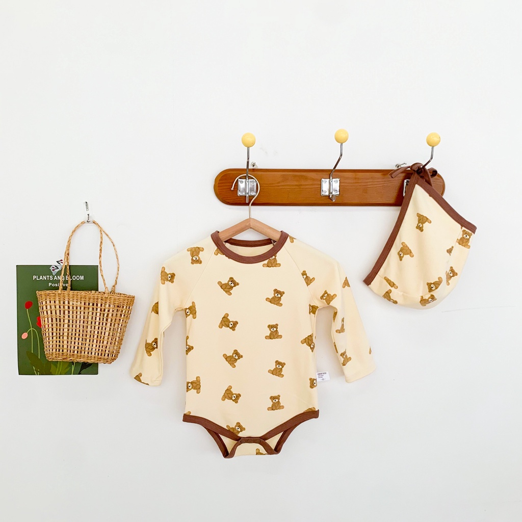 Bộ Áo Liền Quần Tay Dài + Nón Vải Cotton Họa Tiết Hoạt Hình Dễ Thương Cho Bé Sơ Sinh 0-24 Tháng Tuổi