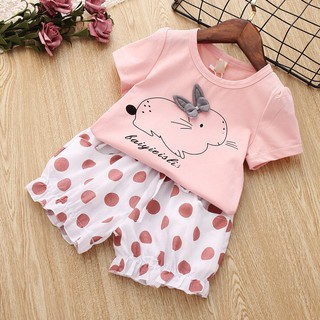 Bộ Cộc Tay Bé Gái Áo Thun In Hình Thỏ Kèm Quần Đũi Chấm Bi [AQ02-2021] - Babi mama