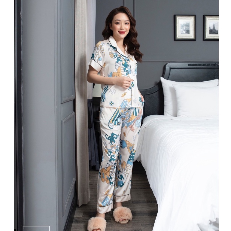 Bộ ngủ satin ZAM Luxury - CLA39 - Áo ngắn tay quần dài hoạ tiết