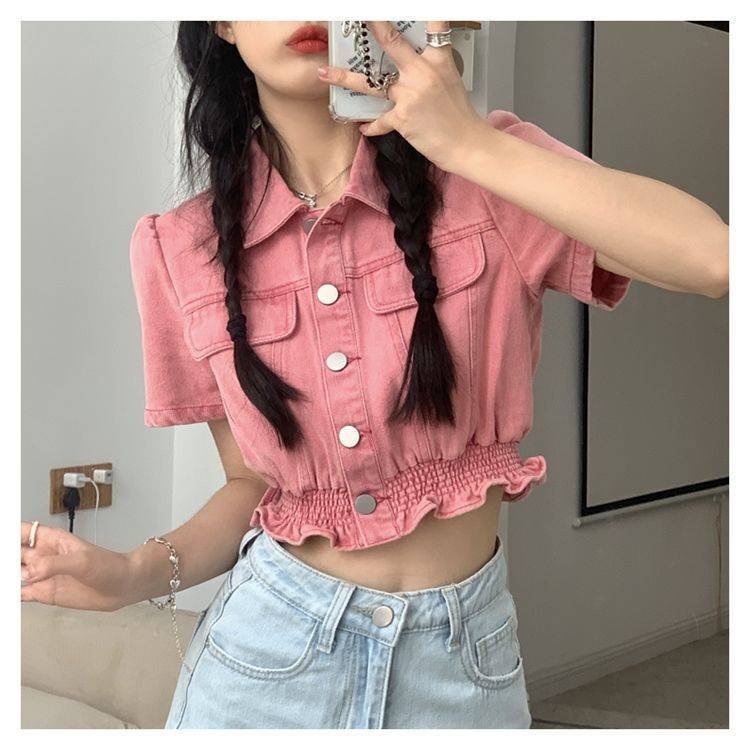 Pink Denim Short-sleeved Shirt Summer INS New Korean Version of the Slim Wild Slim Short Tops