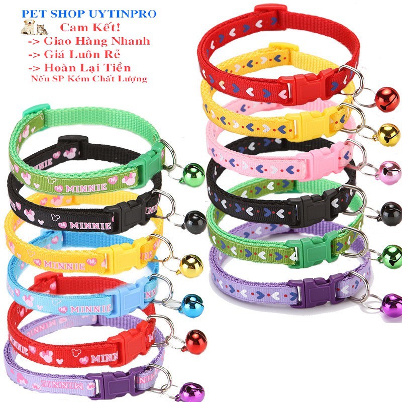 VÒNG CỔ KÈM  LỤC LẠC CHO PET THÚ CƯNG CHÓ MÈO Dưới 5kg In hình trái tim hoặc minnie Chất liệu dù - Pet shop Uytinpro
