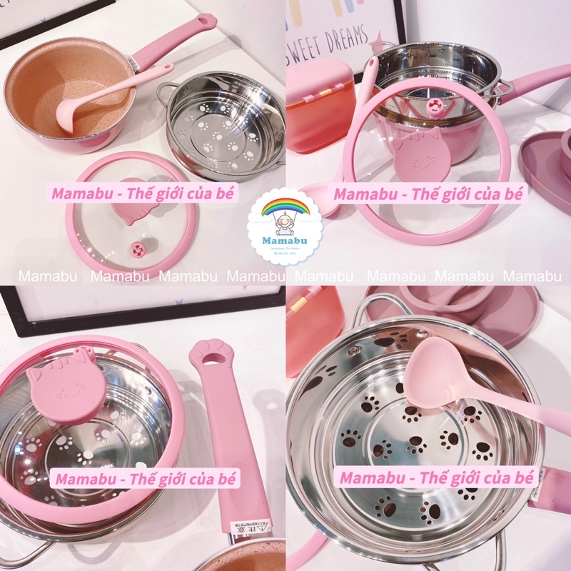 Bộ Nồi Kèm Xửng Hấp Cho Bé Ăn Dặm Hình Mèo Fashion Baby Cat Chống Dính Cao Cấp Dùng Được Mọi Loại Bếp Mamabu