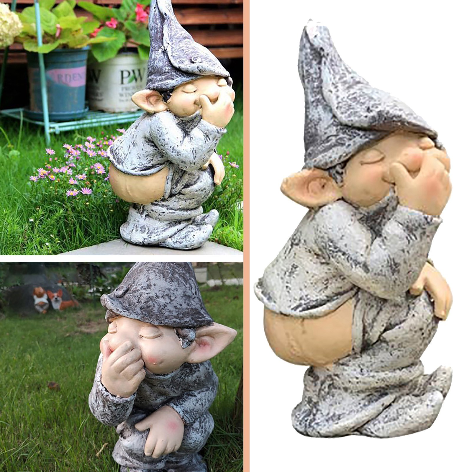 MIOSHOP Grey Gnome Statue Gag Pooping Dwarf Elf Figurines Peeing 4.7 Inch Miniature Funny Garden Tree Decoration