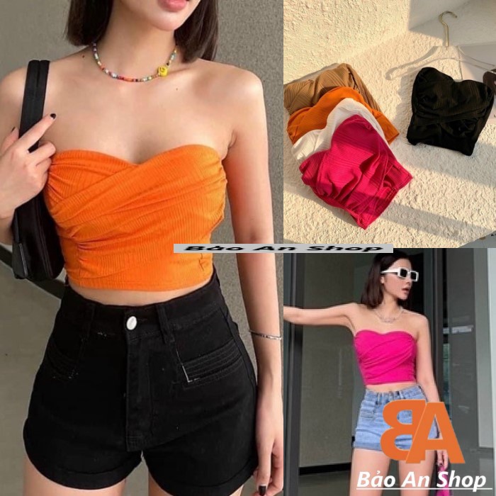 Áo ống chất vải thun gân len đắp chéo có mút ngực