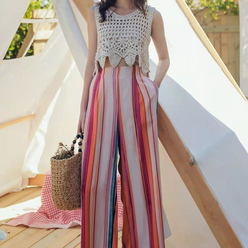 Áo Croptop Dệt Kim Không Tay Họa Tiết Hoa Lá Thời Trang Đi Biển Cho Nữ