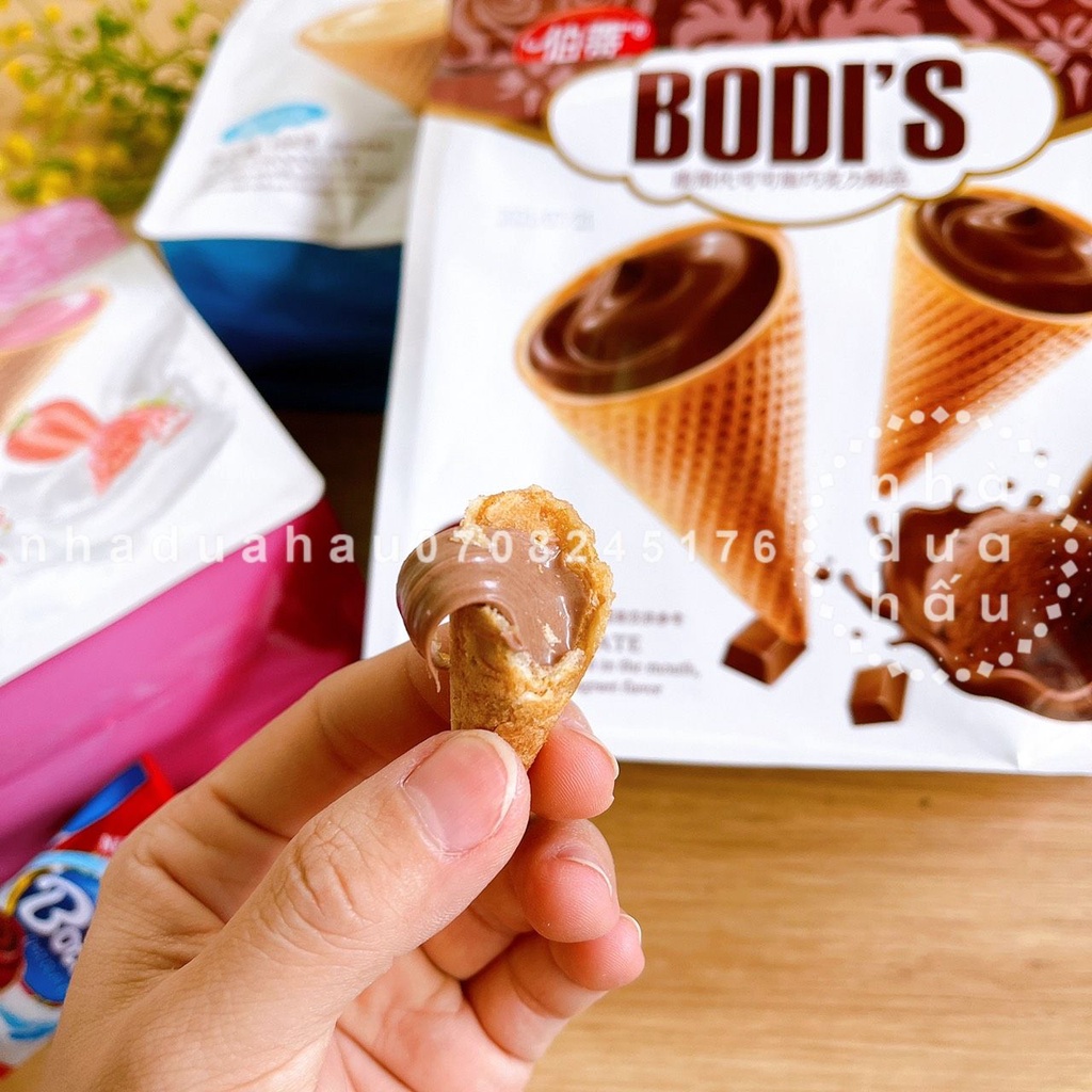 Một gói bánh ốc quế nhân kem sữa vani/ dâu/ socola Bodis Hongkong siêu ngon đầy kem gói lớn 188gam tầm 14 cái