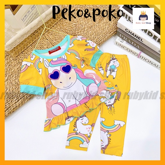 Bộ đồ quần dài bé gái xinh xắn tay phồng mẫu mới in hình họa tiết bé yêu thích pony, kitty, bò sữa