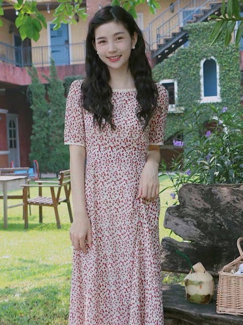 Đầm voan hoa nhí cổ vuông dáng dài midi Thucucstore Váy voan hoa nhí vintage phong cách Hàn Quốc V01