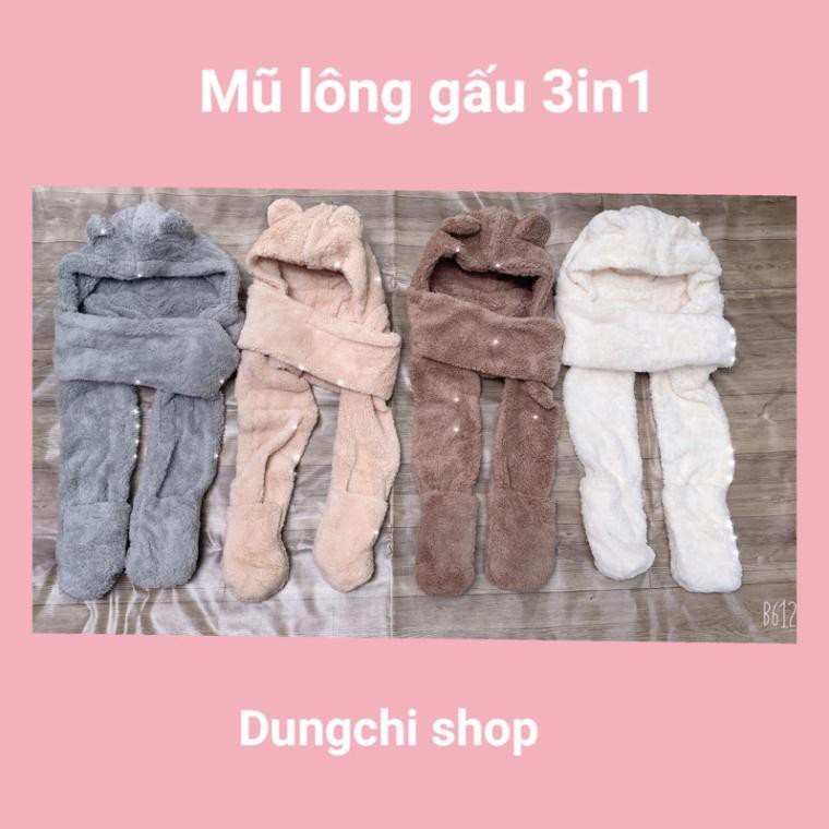 Mũ lông tai gấu kèm khăn quàng cổ bao tay 3 trong 1 ấm áp