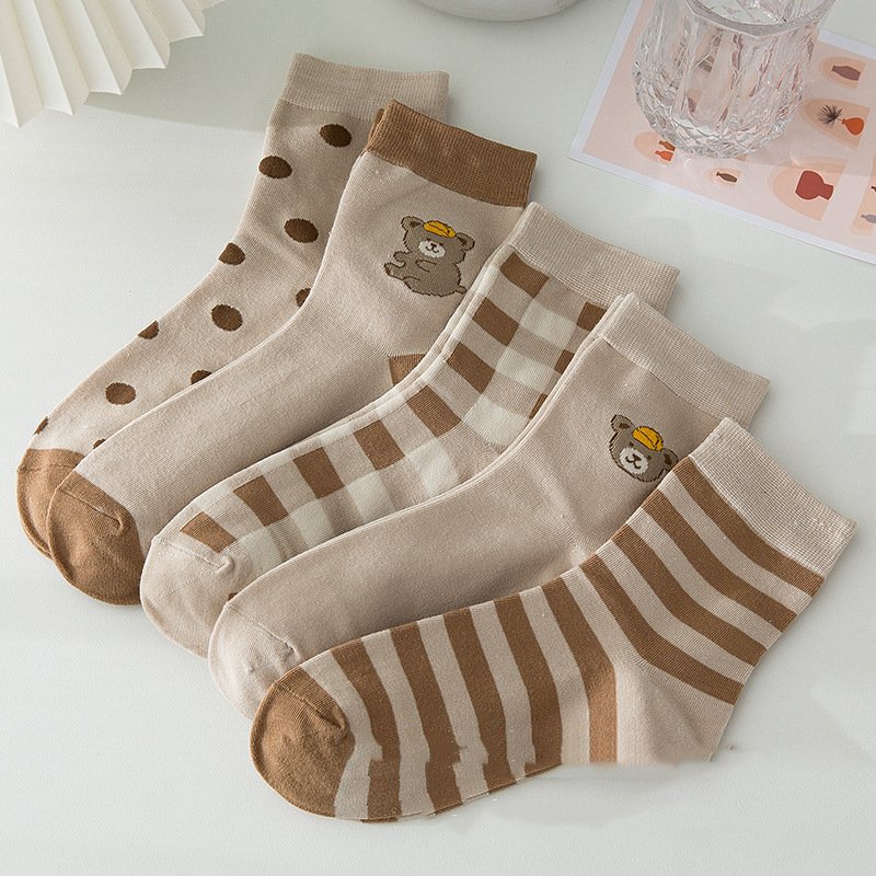 Tất cao cổ in hình gấu nâu Vivuno vớ cotton co dãn phong cách Hàn Quốc TN139