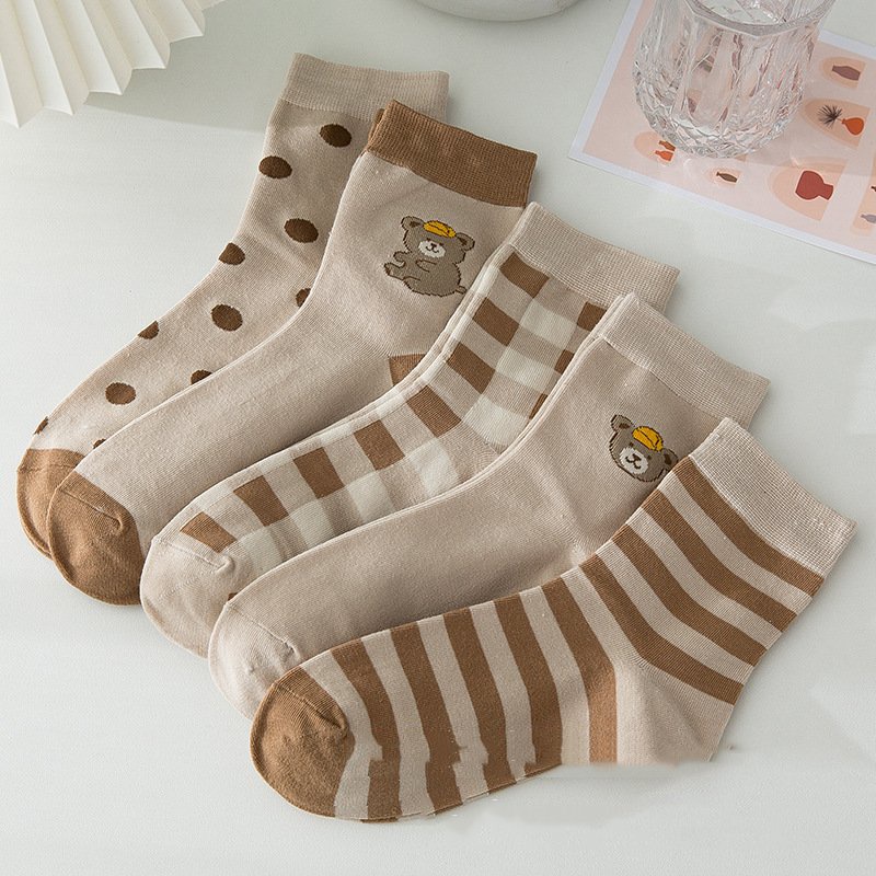 Tất cao cổ in hình gấu nâu cute nữ Vemico vớ cotton co dãn phong cách Hàn Quốc TN139