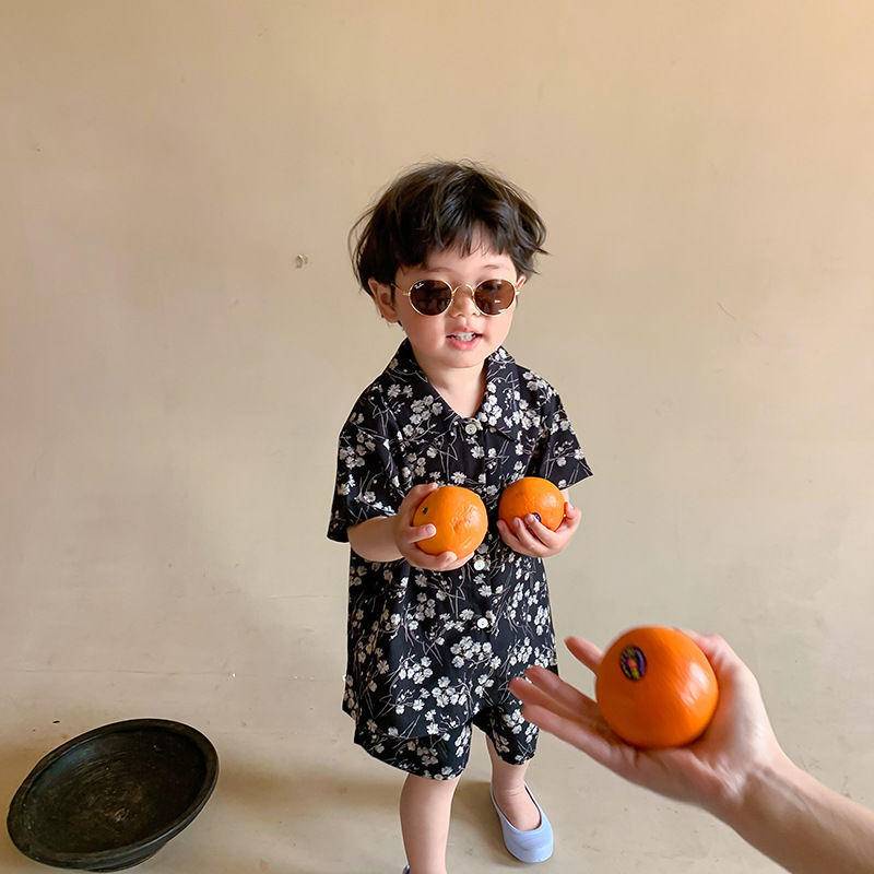 Bộ Áo Sơ Mi Cotton Ngắn Tay + Quần Short Ống Rộng In Hoa Phong Cách Hàn Quốc Thời Trang Mùa Hè Cho Bé Trai