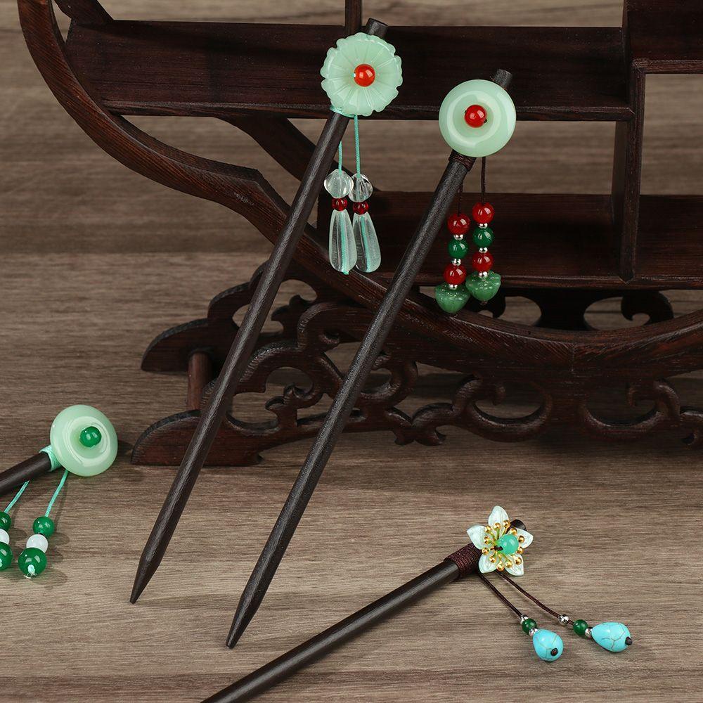 Trâm Cài Tóc Bằng Gỗ Mun Đính Hoa Phối Tua Rua Phong Cách Retro Châu Âu