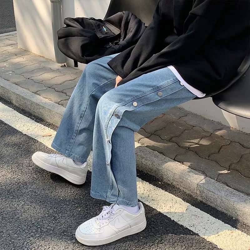 &lt;&lt;Có sẵn&gt;&gt; Quần jeans nút kiểu hai bên phong cách Hàn Quốc cho nam nữ unisex