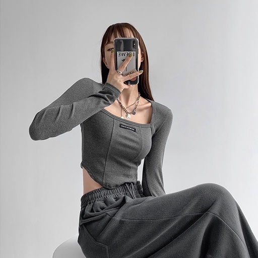 Áo thun tay dài cổ vuông phong cách Hàn Quốc thời trang mùa thu cho nữ