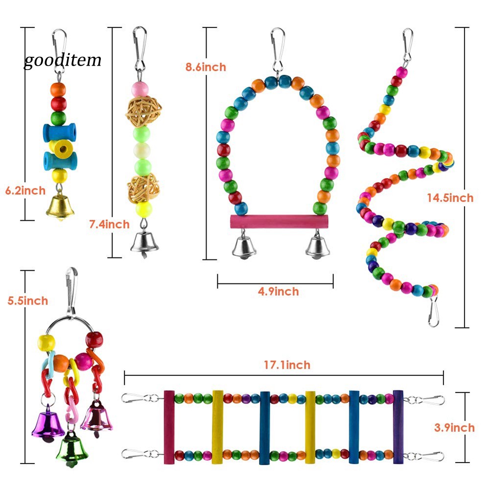 Bộ 6 dây treo đồ chơi gặm nhai cho chim phối chuông trang trí lồng chim vẹt tiện lợi