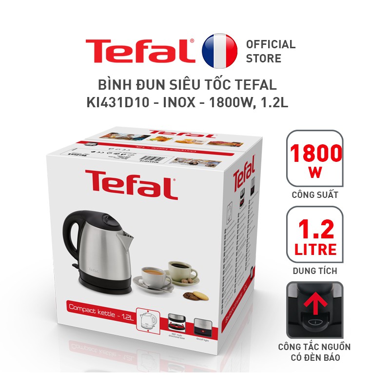 [Mã ELTEFALWL5 giảm 10% đơn 500K] Bình đun siêu tốc Tefal KI431D10 - inox - 1800W, 1.2L