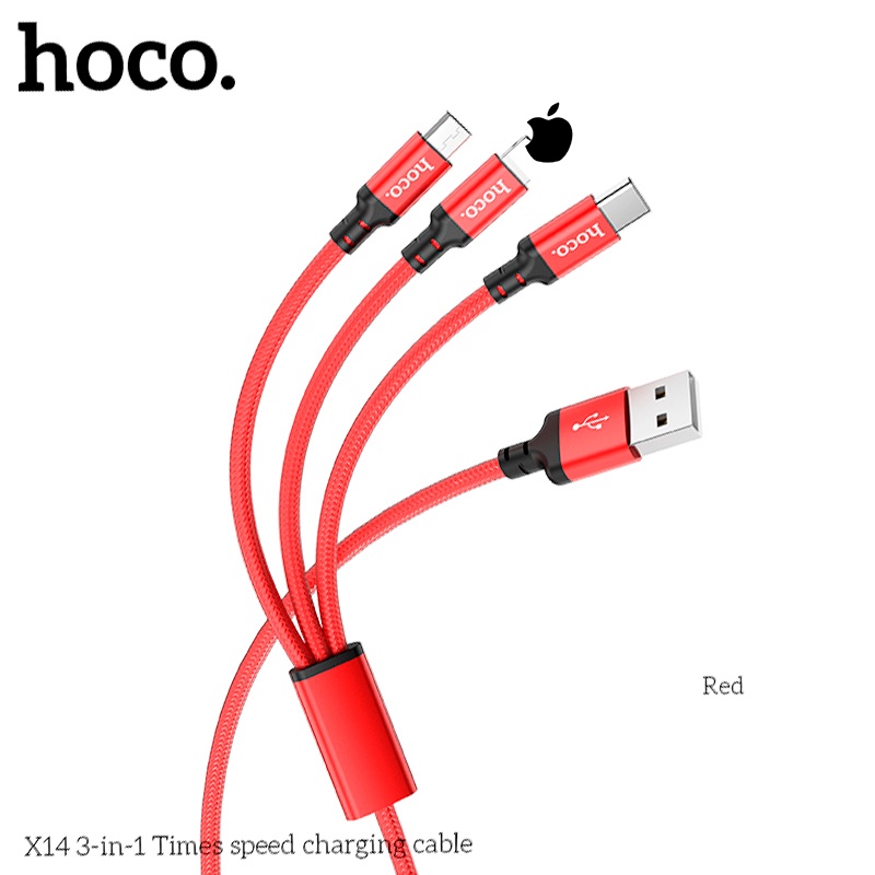 Dây Cáp Sạc 3 Đầu Hoco X14 Cho iP, Samsung, Xiaomi, Oppo - Cáp Sạc 3 Đầu iP, Micro-USB, Type-C