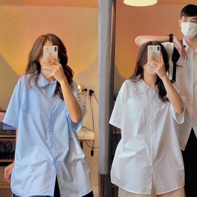 Áo Sơ Mi Học Sinh Cổ Sen Cộc Tay - Áo Sơ Mi Hai Màu Xanh, Trắng( Kèm ảnh thật) | BigBuy360 - bigbuy360.vn