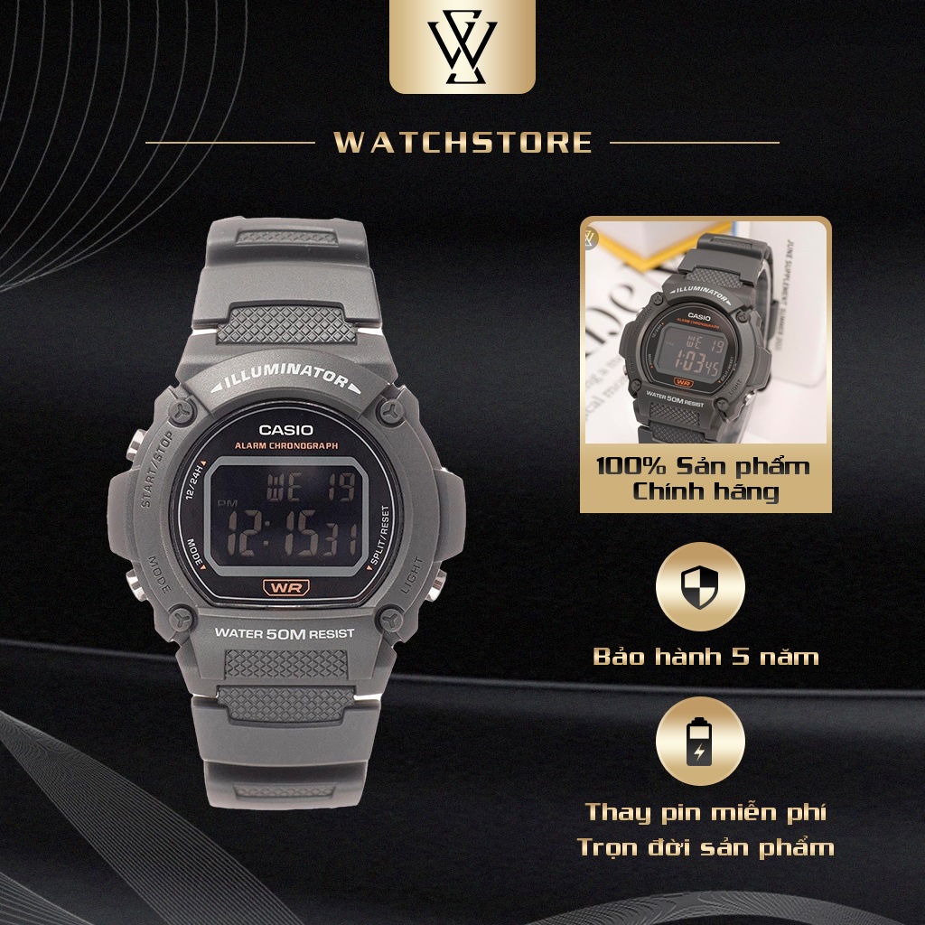 Đồng Hồ Điện Tử Nam Casio WATCHSTORE W-219H-8BVDF Thiết Kế Kính Nhựa 47mm, Độ Chịu Nước 5ATM, Vỏ Nhựa Cao Cấp