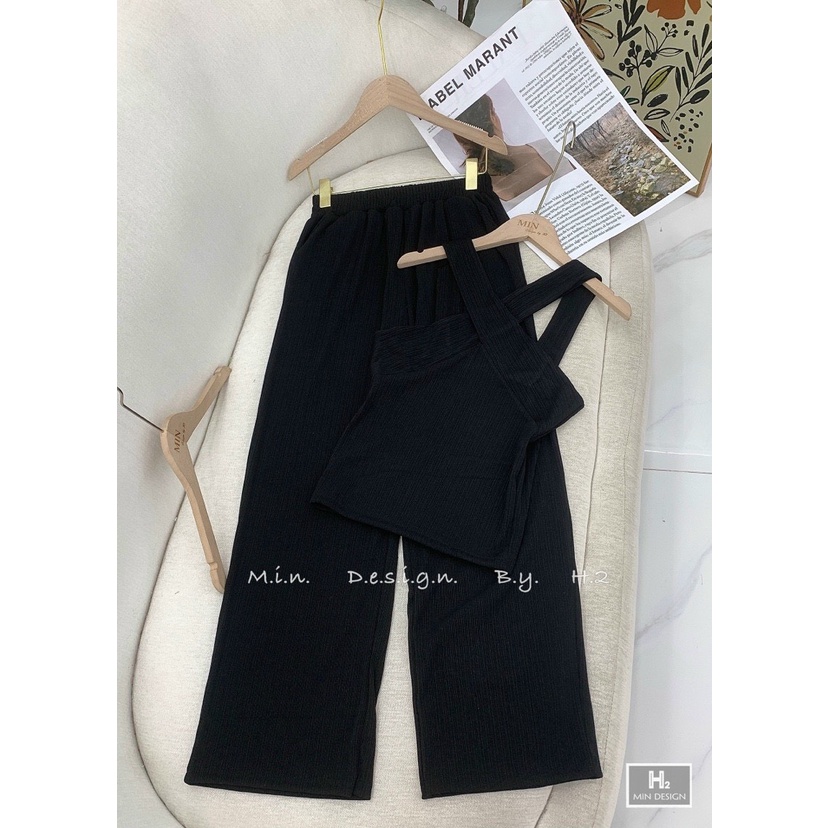 [9.9 Sales Freeship] Set bộ thun gân quần suông phối áo yếm chéo cổ, set bộ quần dài trơn màu đơn giản tôn dáng