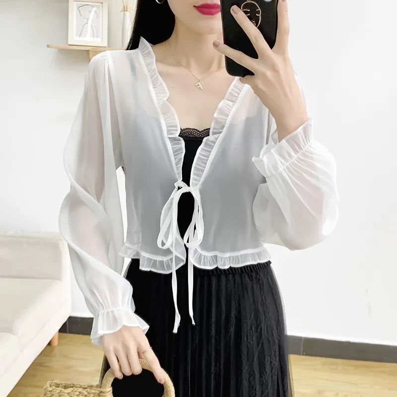 Áo Khoác Cardigan Ngắn Vải Chiffon Mặc Ngoài Dễ Phối Đồ Thời Trang Cho Nữ