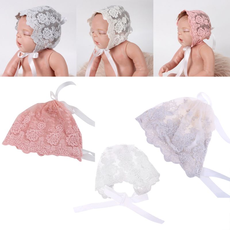 Mũ Beanie Phối Ren Hoa Xinh Xắn Cho Bé Gái Sơ Sinh Chụp Ảnh