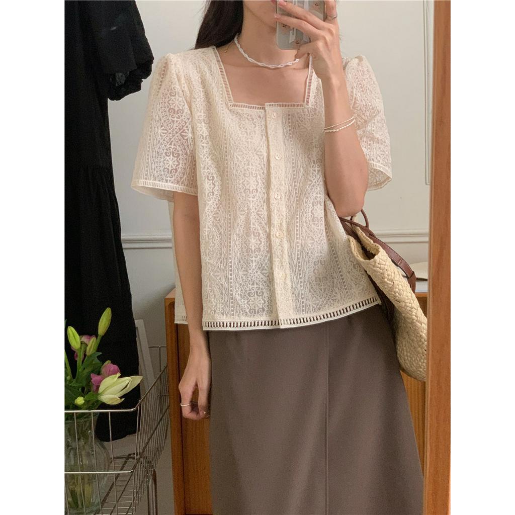 Áo Tay Ngắn Cổ Vuông Phối Ren Thêu Họa Tiết Tinh Tế Phong Cách Hàn Quốc Mới 52354