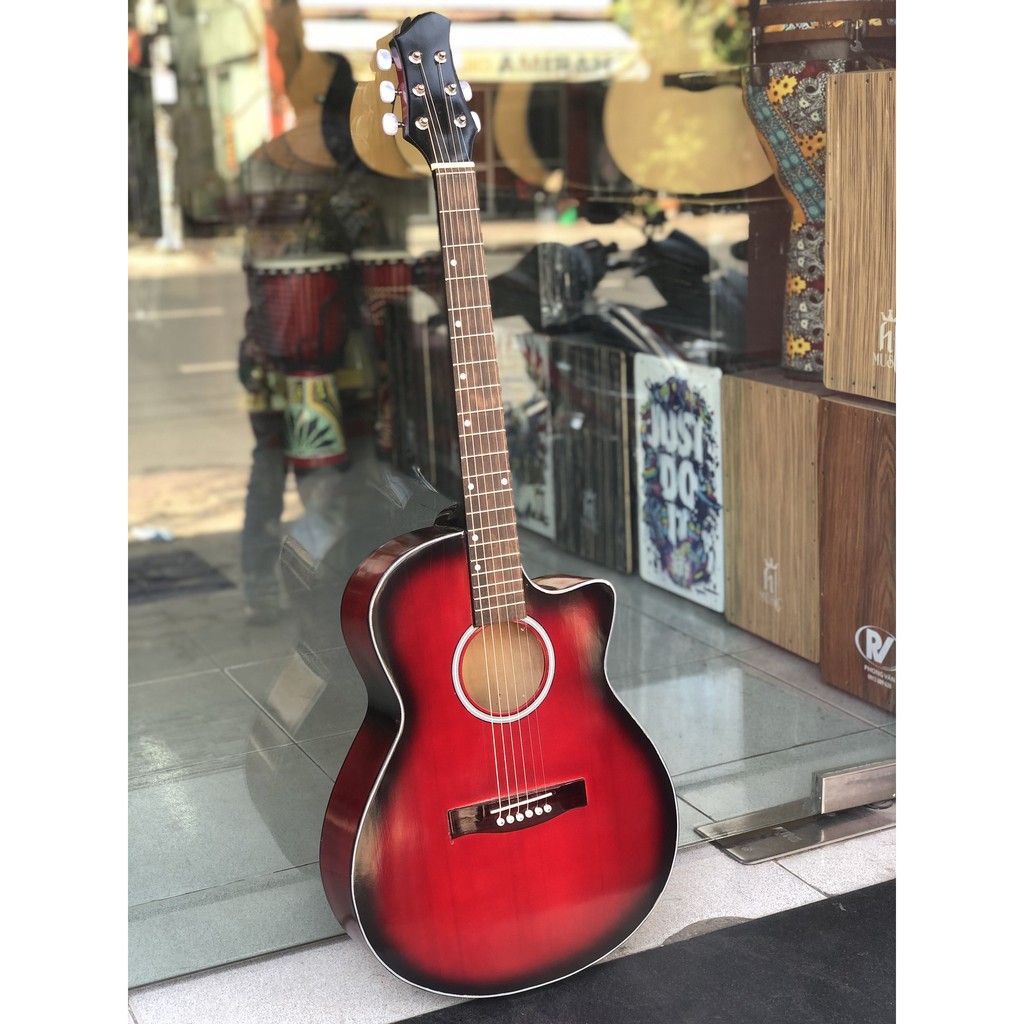 Đàn guitar acoustic giá rẻ màu đỏ tặng kèm bao và phím gãy