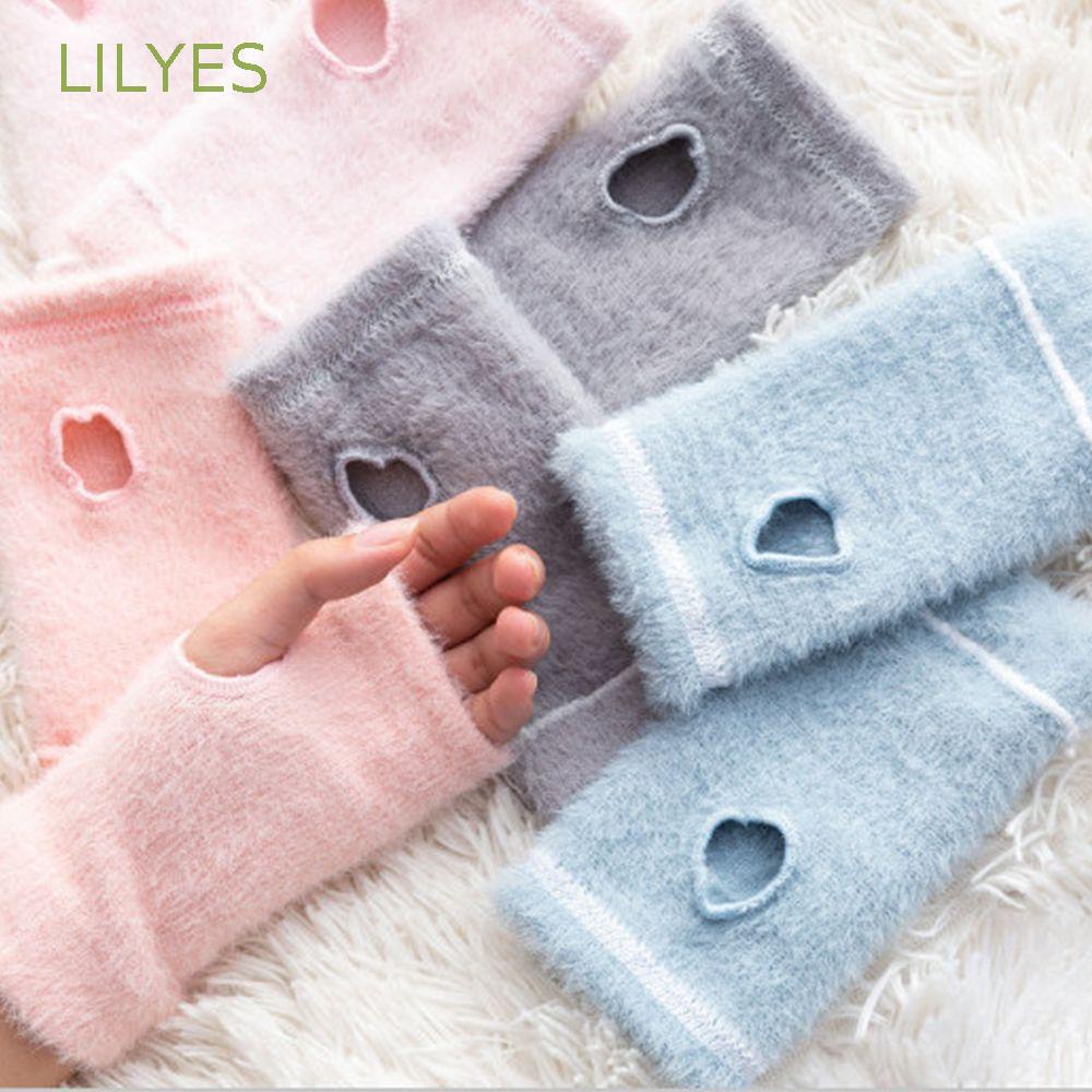 Găng Tay Hở Ngón Vải Lông Cừu Giả Màu Trơn Dễ Thương Cho Nữ