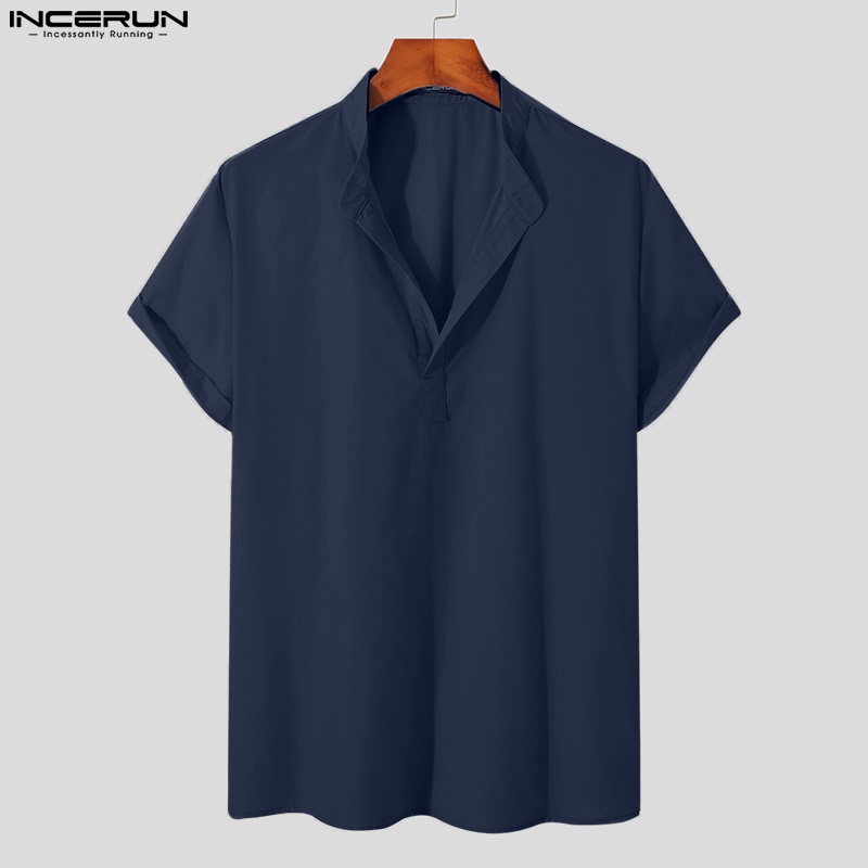Áo sơ mi cotton INCERUN ngắn tay cổ chữ v màu trơn thời trang mùa hè cho nam