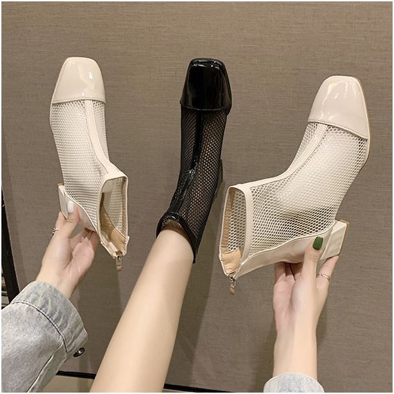 Giày Boots nữ lưới da bóng cao cấp WOMENSTORY  Bốt cao cổ khóa sau đế 5 phân boot thoáng mát mùa hè trẻ trung