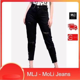 Quần jean dài BIGSIZE 9 tấc màu đen tua lai tuyền đính cườm 2 ống quần Molijean 2725