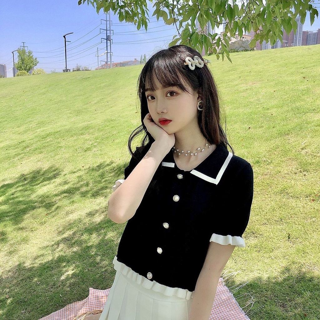 Áo dệt kim BH tay ngắn cổ bẻ thời trang đáng yêu cho nữ