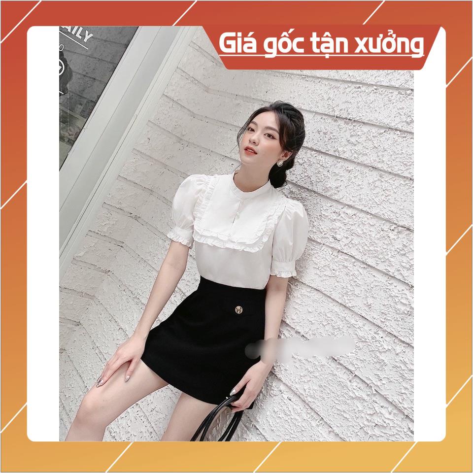 Áo sơ mi nữ trắng cộc tay 💖Gloria Shop💖 áo sơ mi kiểu nữ công sở cổ đức phối bèo đính cúc ngọc [SMT cộc tay]