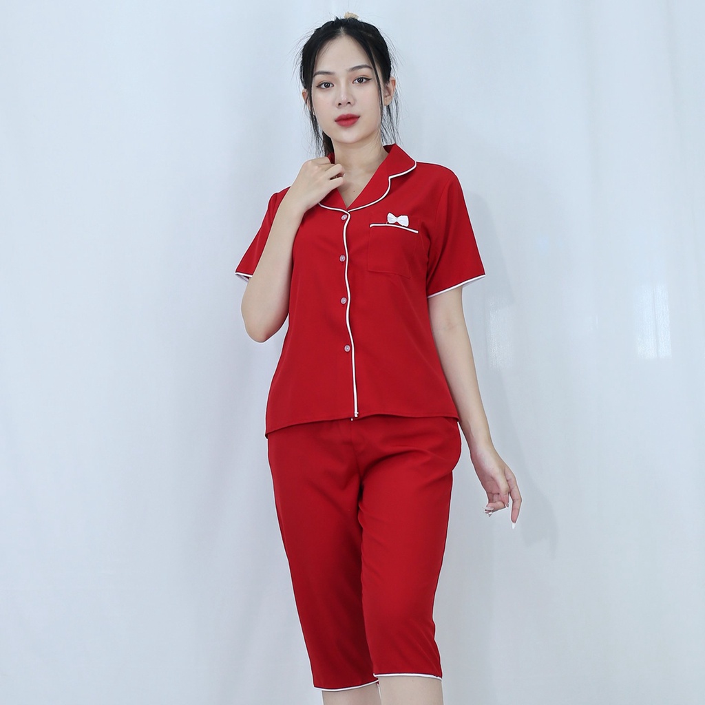 Bộ quần áo Pijama nữ ĐỎ ĐÔ Ngắn Tay Quần Lửng vải  lụa cao cấp - Thoáng Mát Thoải Mái - Mặc là thích ngay !