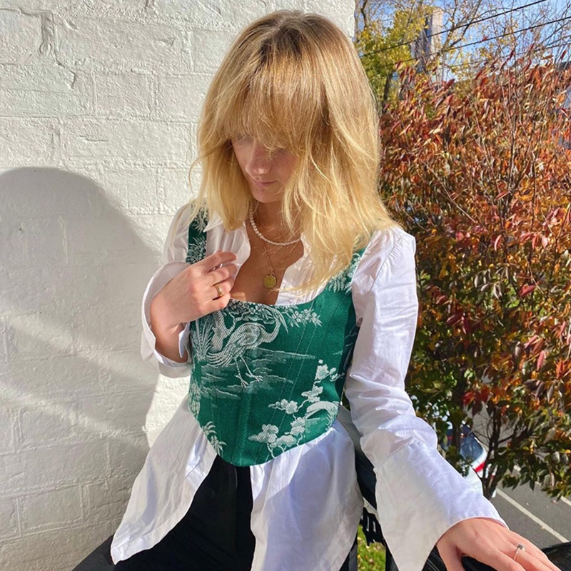 Xiangbao Áo Nịt Định Hình Cơ Thể Không Tay In Hình Đám Mây Phong Cách Retro Đường Phố Cho Nữ