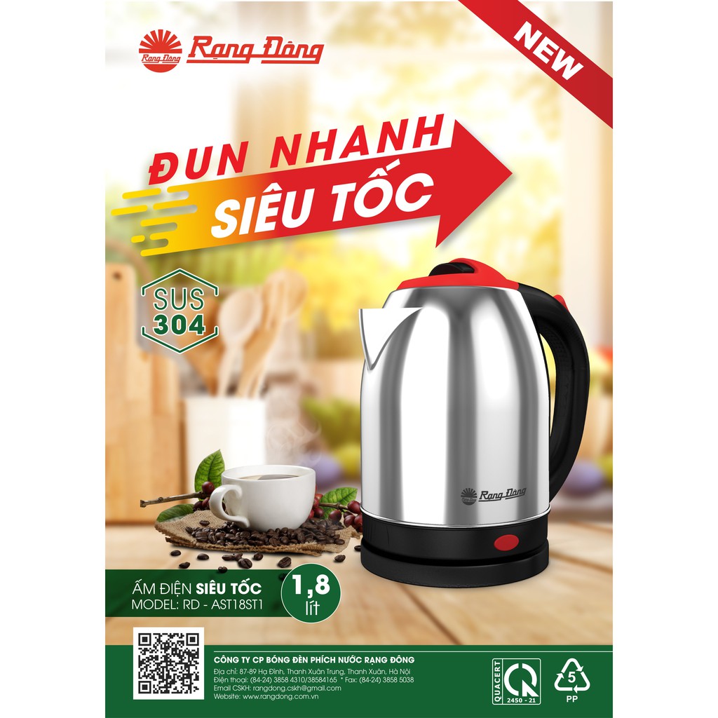 Ấm điện siêu tốc 1,8 lít Rạng Đông Inox 304 cao cấp RD-AST18ST1