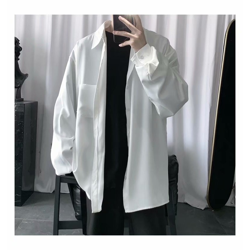 Áo sơ mi trắng tay dài dáng rộng thời trang thường ngày cho nam