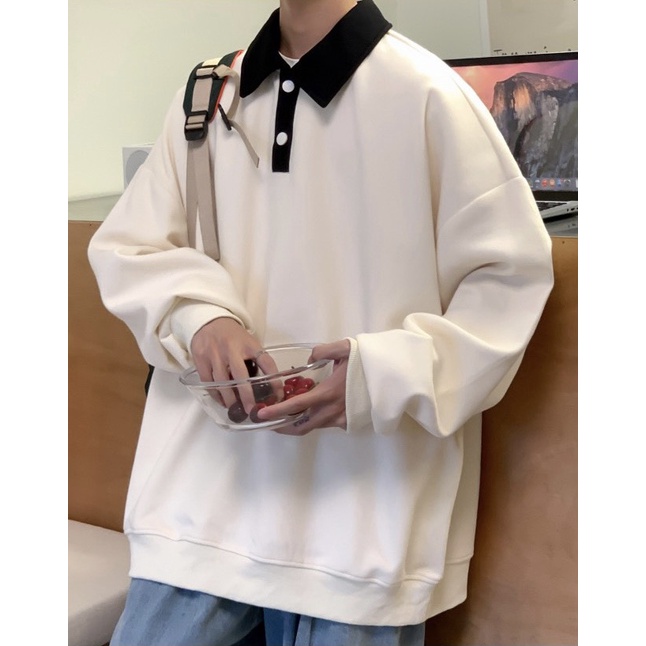 Áo polo dài tay sweater Unisex by ZONEF, Áo dáng rộng cổ bẻ tay dài phong cách Hàn Quốc
