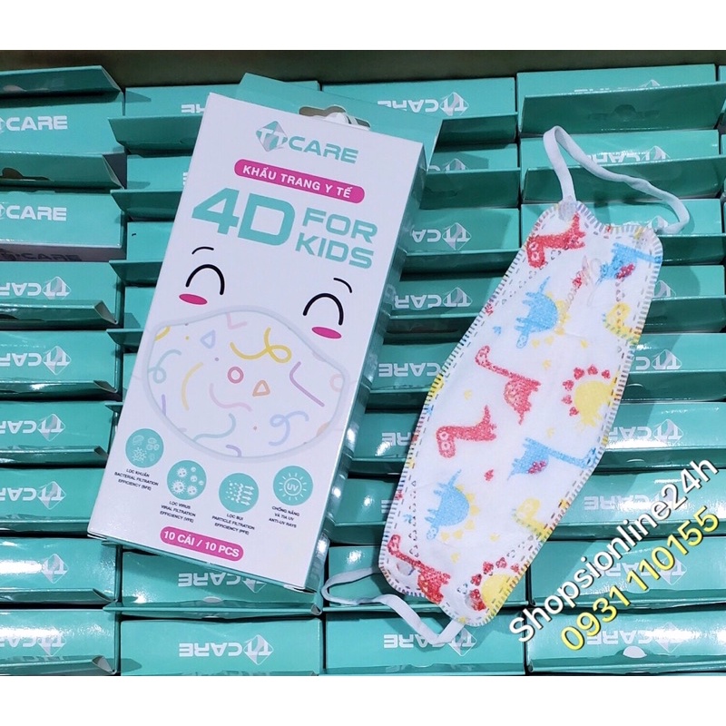 ✅ [ Hộp 10 cái ] khẩu trang y tế 4D , kf94 cho bé chính hãng TTCare hình Khủng Long